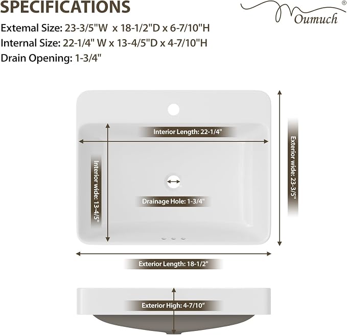 Rectangular Bathroom Vessel Sink, 24"W x 19"D Semi Recessed Bathroom Sink White Ceramic Porcelain Vanity Sink Basin Above Counter for Bathroom, Restroom & Home Use
