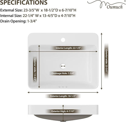 Rectangular Bathroom Vessel Sink, 24"W x 19"D Semi Recessed Bathroom Sink White Ceramic Porcelain Vanity Sink Basin Above Counter for Bathroom, Restroom & Home Use