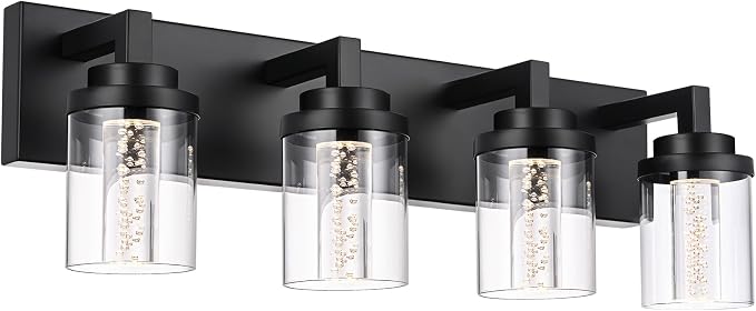 MELUCEE 4-Light Dimmable Black Vanity Lights for Bathroom 3000K-6000K | 5 Color Temperature Bubble Crystal LED Bathroom Lighting Fixtures Over Mirror,LED Wall Sconce with Clear Glass Shade
