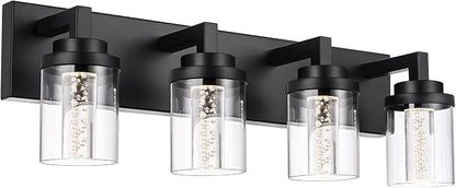 MELUCEE 4-Light Dimmable Black Vanity Lights for Bathroom 3000K-6000K | 5 Color Temperature Bubble Crystal LED Bathroom Lighting Fixtures Over Mirror,LED Wall Sconce with Clear Glass Shade