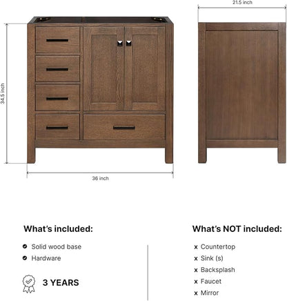 ARIEL Cambridge 36-inch Bathroom Vanity Base Cabinet,Solid Wood, 2 Soft Closing Doors, 5 Dovetail Drawers, Brown Oak