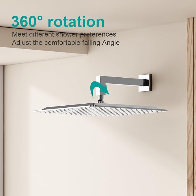 Square Rain Shower Head, High Flow Stainless Steel,Work with any decorative style，All Metal Rainfall Shower Head (Chrome, 16)