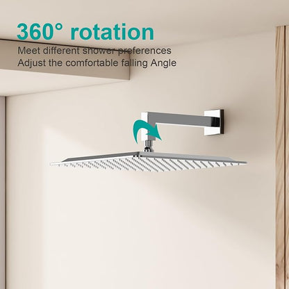 Square Rain Shower Head, High Flow Stainless Steel,Work with any decorative style，All Metal Rainfall Shower Head (Chrome, 16)