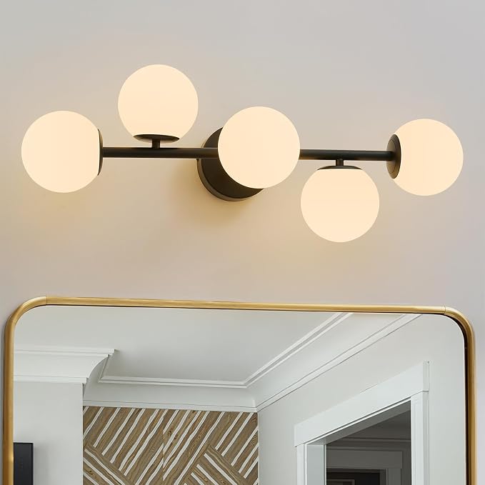 Modern Bathroom Vanity Light Fixtures,LED Matte Black Wall Sconce Lighting | 5 Lights Milk Glass Globe Vanity Light, Makeup Bathroom Vanity Lights,Dimmable Brass Mid Century Wall Sconces over Mirror