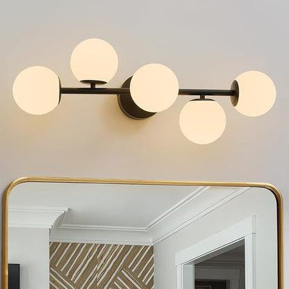 Modern Bathroom Vanity Light Fixtures,LED Matte Black Wall Sconce Lighting | 5 Lights Milk Glass Globe Vanity Light, Makeup Bathroom Vanity Lights,Dimmable Brass Mid Century Wall Sconces over Mirror