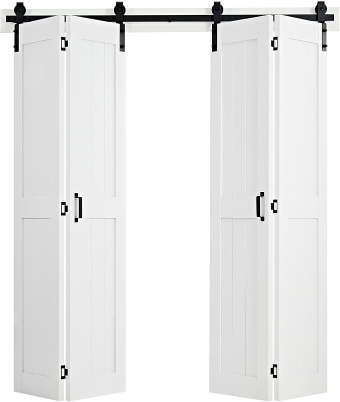 VEVOR Bifold Barn Door, 72" x 84", MDF Bi-Fold Sliding Closet Doors, Header Board and Hardware Kit Included, H-Frame Space-Saving Design, Pre-Assembled Panels, Waterproof & Quiet, White