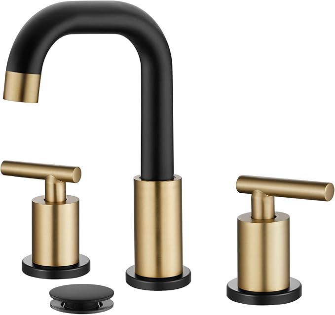 gotonovo 8 Inch Widespread Bathroom Sink Faucet 3 Hole 2 Handles Lavatory Basin with Pop Up Drain with Hot and Cold Mixer Valves Modern Black & Brushed Gold