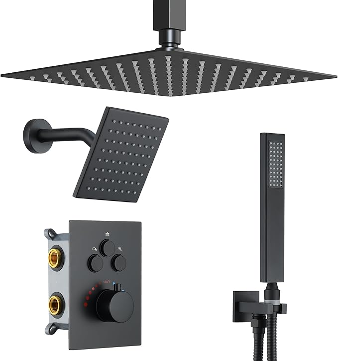Thermostatic Dual Shower Head System, Matte Black Shower Faucet | 12 Inch Ceiling Rainfall Shower, 6 Inch Wall Mount Head, High Pressure Handheld Sprayer, Push Button Valve
