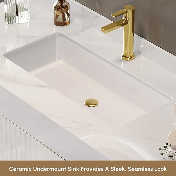 Bathroom Vanity with Sink, Modern Bathroom Vanity with Faux Marble Top, Gold Hardware & Soft-Close Drawers for Bathroom Storage (35.4 Inch, White, Single Sink & Freestanding)