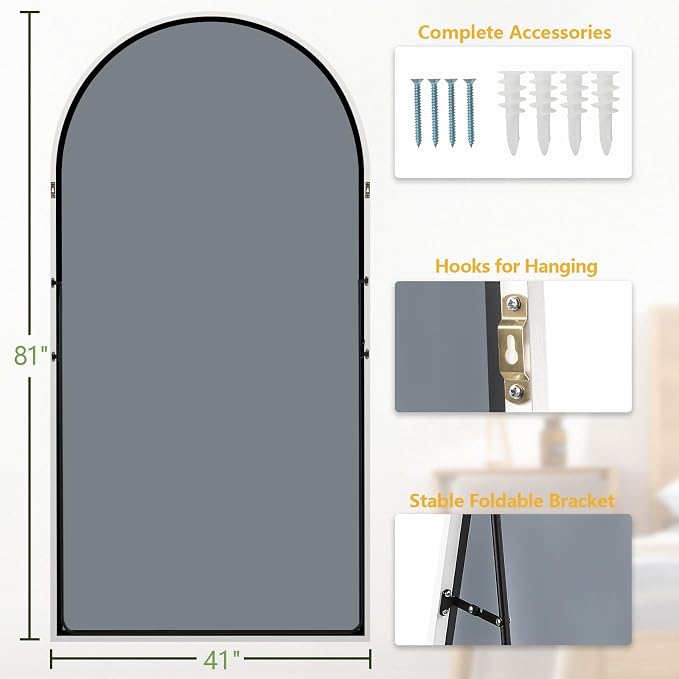 Dewfig Arched Full Length Mirror, 81"x41" Large Floor Mirror, White | Aluminum Alloy Frame Oversized Full Body Mirror, HD Shatterproof Tempered Glass, Lean/Stand/Wall for Living Room,Bedroom