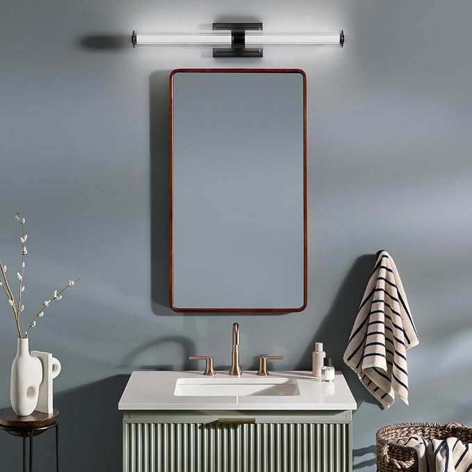 Kichler Laurene LED Bath Bar Light, Black | Linear vanity light with clear fluted glass for bathroom mirrors (31" x 5"), 55197BKLED