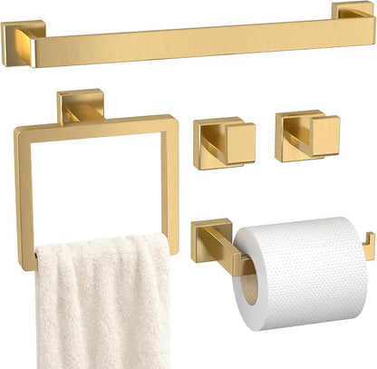 5-Pieces Gold Bathroom Accessories Set, 24 Inch Towel Bar Set | Stainless Steel, Towel Ring, Toilet Paper Holder, Robe Hooks, Towel Racks for Bathroom Wall Mounted, Bathroom Hardware Set