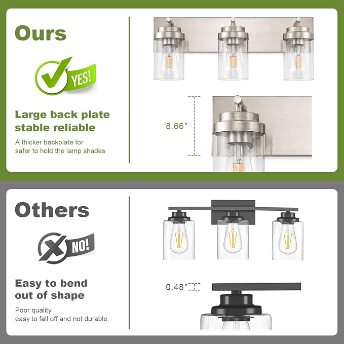 3-Light Bathroom Light Fixtures, Brushed Nickel Vanity Lights | Modern Bathroom Lighting Fixtures Over Mirror, Vanity Lights for Bathroom, Mirror, Restroom, Bedroom, E26