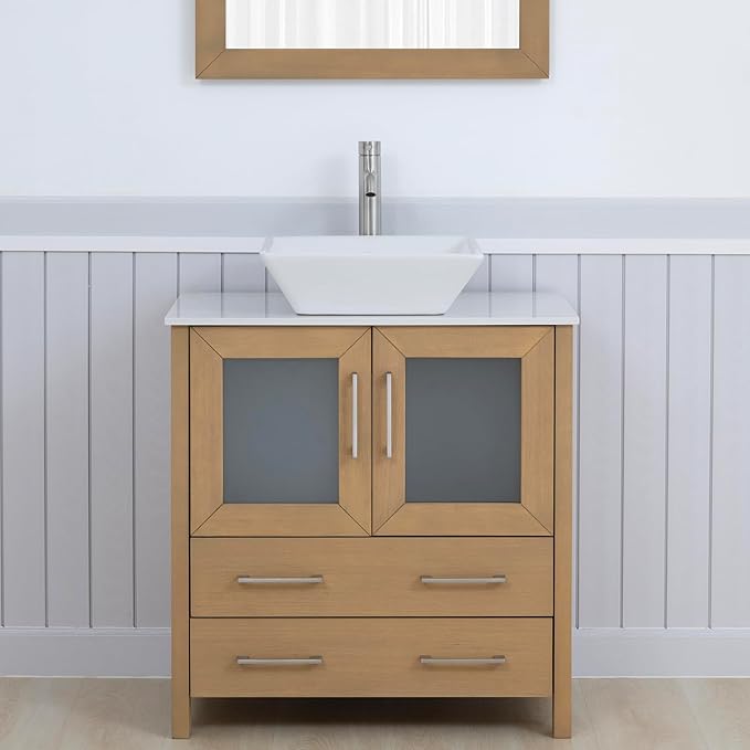 Vanity Art 30 Inch Vessel Single Sink Bathroom Vanity Cabinet with 1 Mirror, Engineered Marble Top Bathroom Cabinet Compact Set with 2 Dovetail Drawers and Soft Closing Doors, VA3130-NO