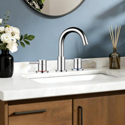 FGKQ Bathroom Faucet for Sink 3 Hole, Chrome Bathroom Sink Faucet with Pop-Up Drain and Water Supply Lines, 8 inch Widespread Vanity Faucet 2 Handle with 360° Swivel