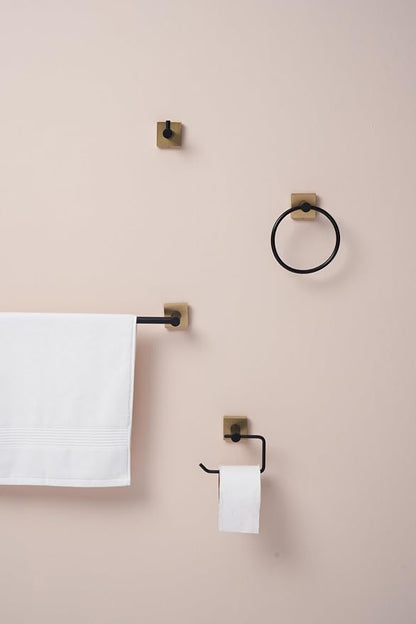 SENTO VINTO Bathroom Accessories Set, Heavy Duty Metal Bath Hardware Set Wall Mounted, Includes Robe Hook, Standard Toilet Paper Holder, Towel Ring, 24” Towel Bar (4-Piece, Matte Black+Satin Brass)