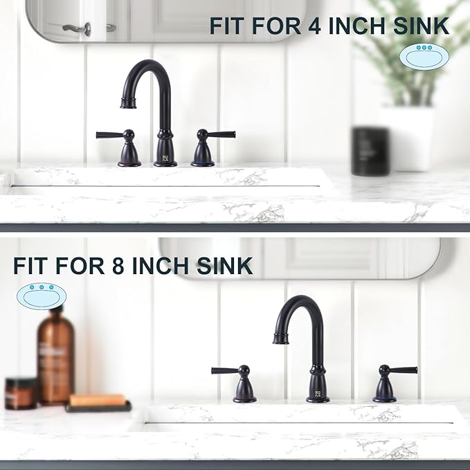 CREA Widespread Bathroom Faucet Black 3 Hole Sink Faucet 8 inch with Pop Up Drain 2 Handle 4 inch Faucets for Vanity Lavatory Basin Restroom Bath Sink