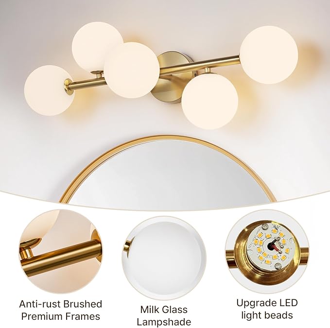 Bathroom Light Fixtures, Brushed Gold Bathroom Vanity Light Over Mirror with Milk White Glass Shades, Dimmable LED Wall Sconces for Hallway, Entryway, Living Room, Bedside, Staircase