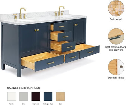 ARIEL Cambridge 72-inch Bathroom Vanity with Sink,Solid Wood, 1.5-inch Italian Carrara Marble Countertop, Double Oval Porcelain Sink, 4 Soft Closing Doors, 6 Dovetail Drawers, Midnight Blue