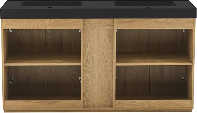 60" Bathroom Vanity with Double Sink, Freestanding Double Sink Bathroom Vanity with Black Engineered Stone Top, Open Storage Cabinet & Adjustable Shelf, 4 Soft-Closing Doors, Light Oak