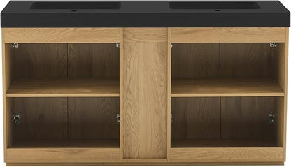 60" Bathroom Vanity with Double Sink, Freestanding Double Sink Bathroom Vanity with Black Engineered Stone Top, Open Storage Cabinet & Adjustable Shelf, 4 Soft-Closing Doors, Light Oak