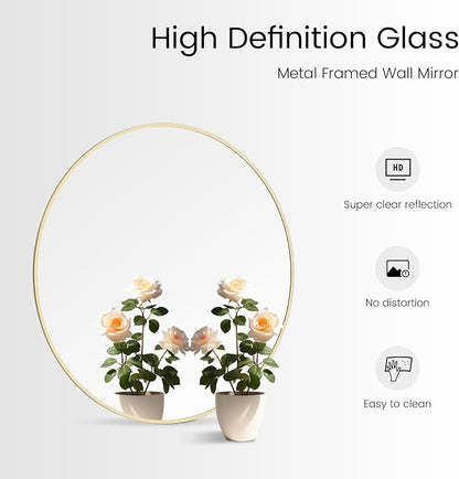 28 inch Round Mirror Gold Large Circle Wall Mirror for Bathroom with Metal Framed, Round Wall Mirror for Wall Decor, Vanity, Entryway Living Room