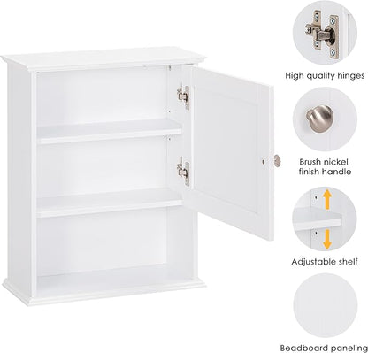 Spirich Bathroom Cabinet Wall Mounted with Single Door, Wood Hanging Cabinet with Adjustable Shelf White
