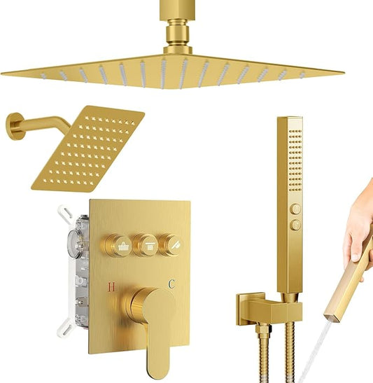 Brushed Gold Shower System, STARBATH Ceiling Mounted 12+6 Inch Rainfall Shower Head with 2 in 1 High Pressure Handhled, Can Use All at Once, Push Button Diverter Thermostatic Valve with Trim Kit