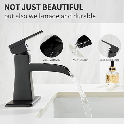 Black Waterfall Bathroom Faucet, One-Handle Bathroom Faucets for Sink 1 or 3 Hole, Matte Black Vanity Faucet, Single Hole Restroom Sink Faucet with Pop Up Drain