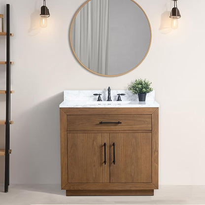 Vanity Art 36 inch Bathroom Vanity with Sink, Vanity Cabinet with Doors and Removable Shelf, Modern Wood Cabinet with White Marble Top, Solid Wood Frame, Ceramic Sink VA70-36-T-E