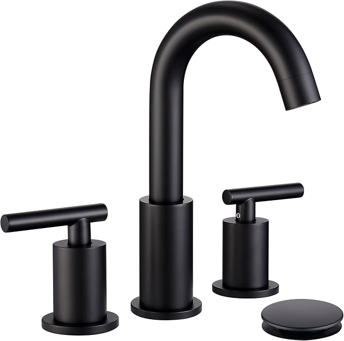 ChiLDano Black Faucets for Bathroom Sink, 3 Hole Bathroom Faucet with Drain | 2 Handles Widespread Bathroom Faucet for Sink, 8 in Spread Black Sink Faucets Bathroom with Swivel Spout