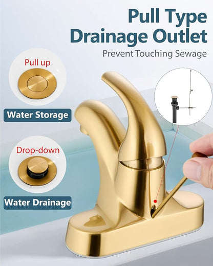 4-Inch Centerset Bathroom Sink Faucet with Drain, Brushed Gold | Single-Handle Vanity Faucet with Lift Rod Drain, 24-Inch Supply Lines, 1.2 GPM, 3-Hole Deck Mount, Easy Installation
