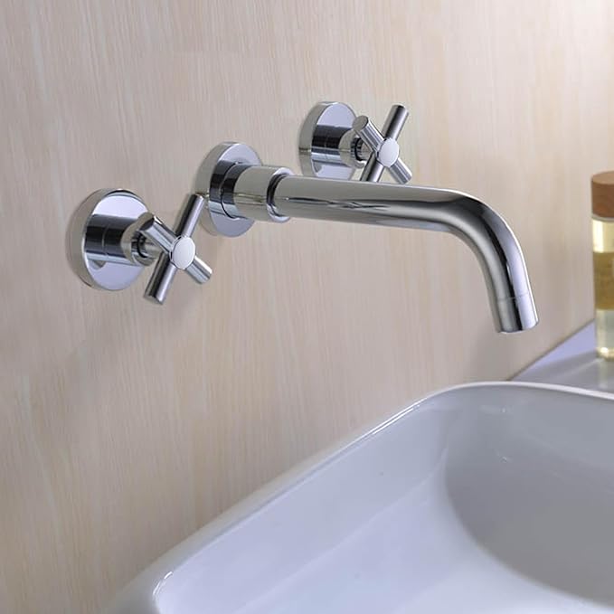 sumerain Wall Mount Bathroom Faucet,Cross 2-Handle in Modern Chrome Finish,Rough-in Valve Included