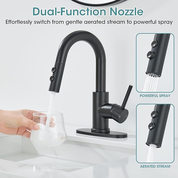 Black Bathroom Faucet with Pull Down Sprayer, Single Hole Bathroom Faucet with Pop-up Drain and Flexible Hoses, 1 Handle Sink Faucets for Vanity, Modern Farmhouse, Vanity, Restroom