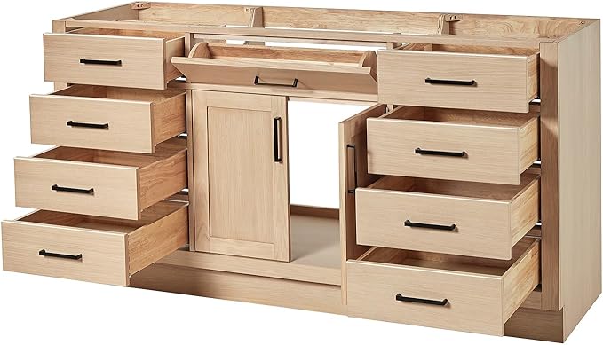 ARIEL Hepburn 66-inch Bathroom Vanity Base Cabinet,Solid Wood, 2 Soft Closing Doors, 9 Dovetail Drawers, White Oak