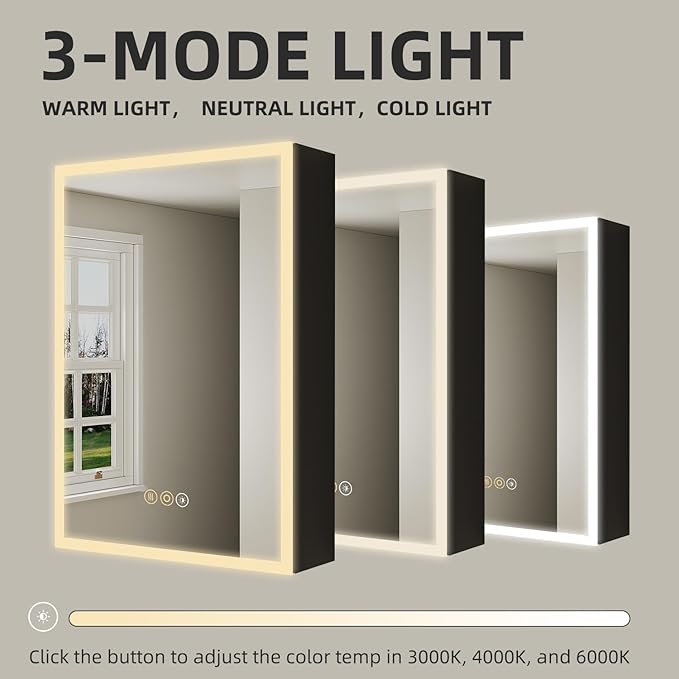 Buruis 20 x 28 Inch Medicine Cabinet with LED Lights and Mirror, Recessed/Wall Mounted Bathroom Cabinet, 3-Color Light, Defogger, Memory Function, Outlet & USB, Dimmer, Black