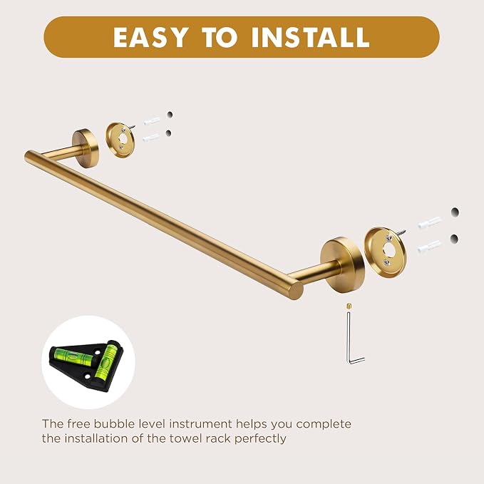 Gorlary Gold Bathroom Accessories, Bathroom Hardware Set Wall Mounted | 24” Towel Bar, Towel Ring Holder, Toilet Paper Holder and 3 Towel Hooks