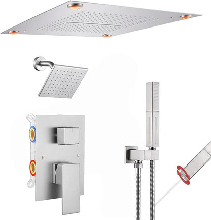 VANFOXLE Shower Faucet Set Brushed Nickel Shower System,Shower Faucet with 2 in 1 Handheld,Ceiling Mount 16 Inch Shower Head+6 Inch Shower Head(Rough-in Valve Body and Trim)