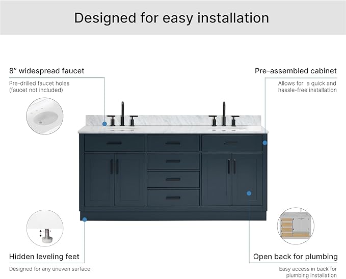ARIEL Hepburn 72-inch Bathroom Vanity with Sink,Solid Wood, 0.75-inch Italian Carrara Marble Countertop, Double Oval Porcelain Sink, 4 Soft Closing Doors, 6 Dovetail Drawers, Midnight Blue