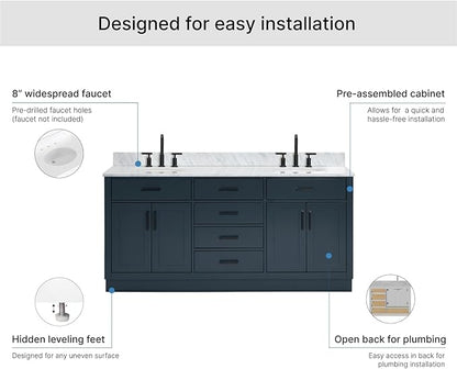 ARIEL Hepburn 72-inch Bathroom Vanity with Sink,Solid Wood, 0.75-inch Italian Carrara Marble Countertop, Double Oval Porcelain Sink, 4 Soft Closing Doors, 6 Dovetail Drawers, Midnight Blue