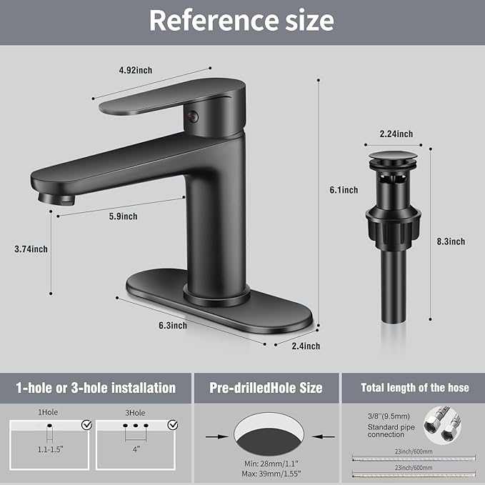 Black Bathroom Faucet Single Hole Single Handle 304 Stainless Steel Modern Sink Commercial RV Faucet with Pop-Up Waste for 1 or 3 Hole 4 Inch Vanity Bathroom Sinks