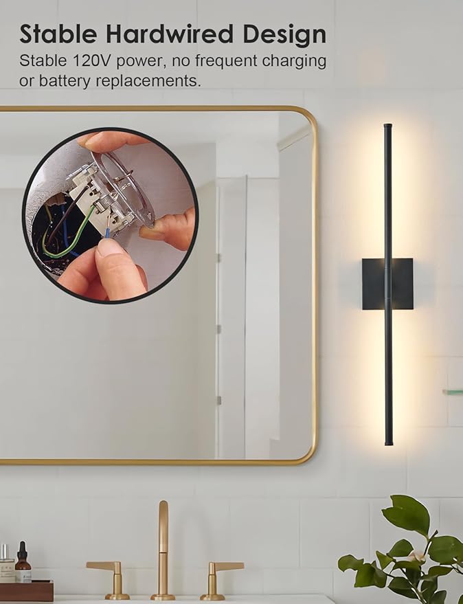 27.8 Inch Hardwired Wall Sconces Set of Two, 3000K Warm White Dimmable Modern Wall Sconces, 350° Rotate LED Light Fixtures Wall Lamp for Bathroom Living Room Bedroom Bedside, Black