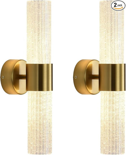 Gold Wall Sconces Set of 2, LED Dimmable Modern Crystal Wall Sconces Set of Two, Gold Wall Light, for Bedroom, Living Room, Dining Room, Dimmable LED 0-32W with Light Source,Hardwiring