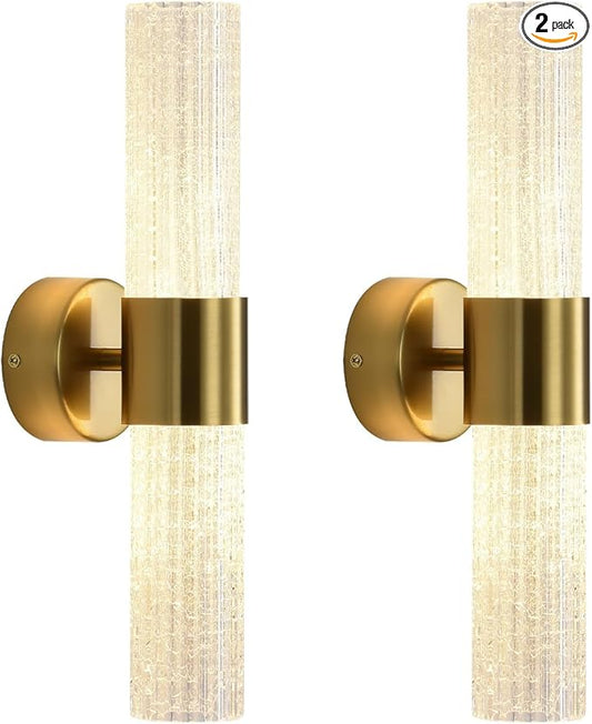Gold Wall Sconces Set of 2, LED Dimmable Modern Crystal Wall Sconces Set of Two, Gold Wall Light, for Bedroom, Living Room, Dining Room, Dimmable LED 0-32W with Light Source,Hardwiring