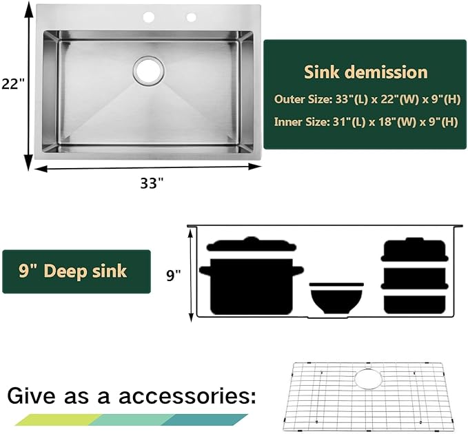 Comllen 33 x 22 inch Drop in Kitchen Sink, 33 inch Topmount Stainless Steel Sink, 18 Gauge T304 Single Bowl Kitchen With Strainer