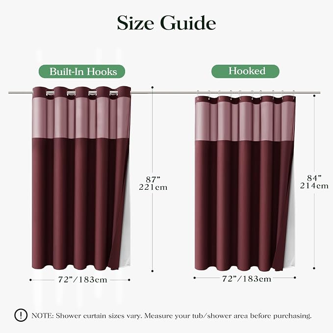 Burgundy Hook Free Waffle Shower Curtain & Snap Fabric Liner,72x87 | Less Time to install, 3 in 1 Fabric Shower Curtain and Liner Set with Magnets, Extra Long, Shower Curtains for Bathroom