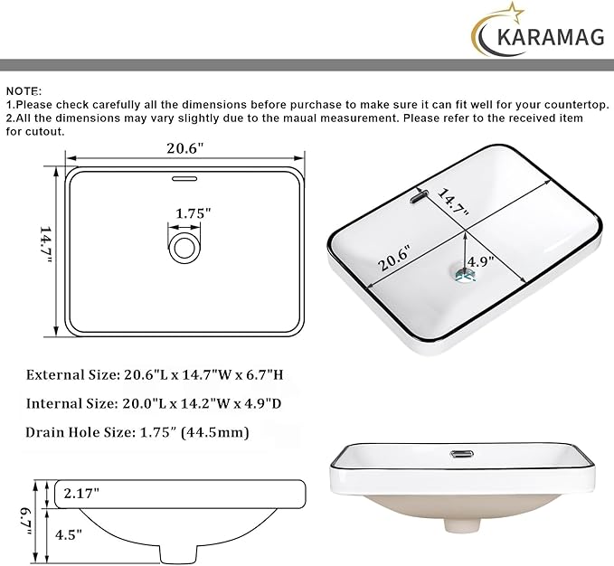 Bathroom Vessel Sink 20.6'' x 14.7'' Semi Recessed Bathroom Sink Rectangular Drop-in Vanity Sink with Overflow White with Black Rim Ceramic Modern Art Basin