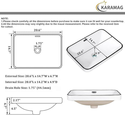 Bathroom Vessel Sink 20.6'' x 14.7'' Semi Recessed Bathroom Sink Rectangular Drop-in Vanity Sink with Overflow White with Black Rim Ceramic Modern Art Basin