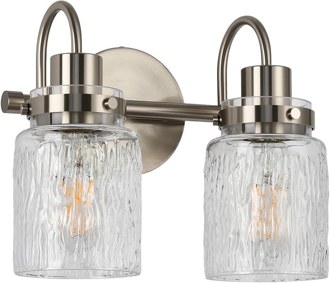 2 Lights Bathroom Vanity Light, Brushed Nickel Bathroom Light Fixtures with Hammered Glass Lampshade for Dressing Table,Over Mirror,Hallway