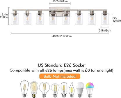 8 Light Bathroom Vanity Light, Large Brushed Nickel Vanity Lights Fixtures, Bathroom Lighting Fixture Over Mirror with Clear Glass Shade for Mirror, Bedroom, Living Room, Wall Lamp